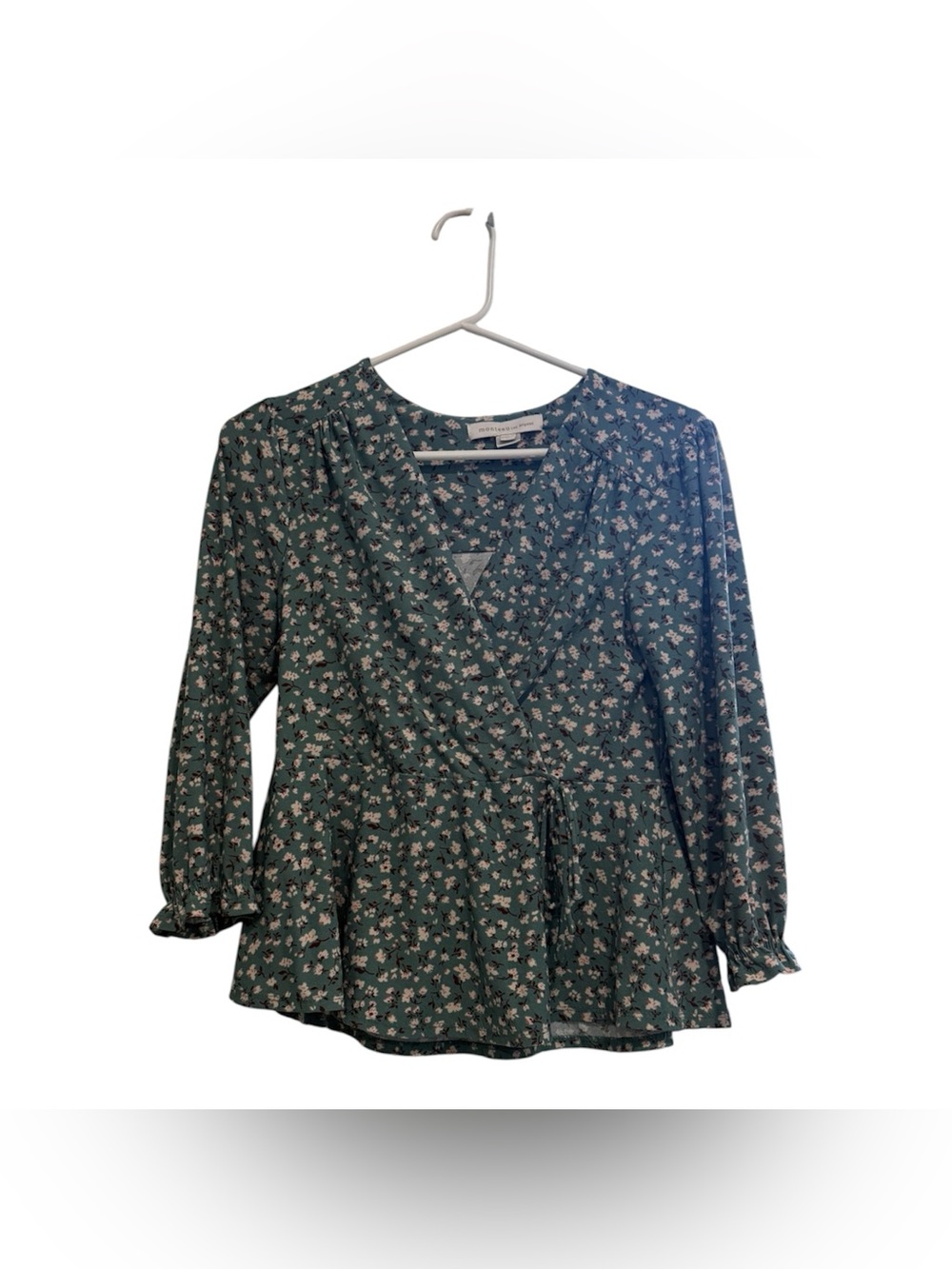 Monteau Los Angeles Green Floral Long Sleeve Wrap Peplum Blouse